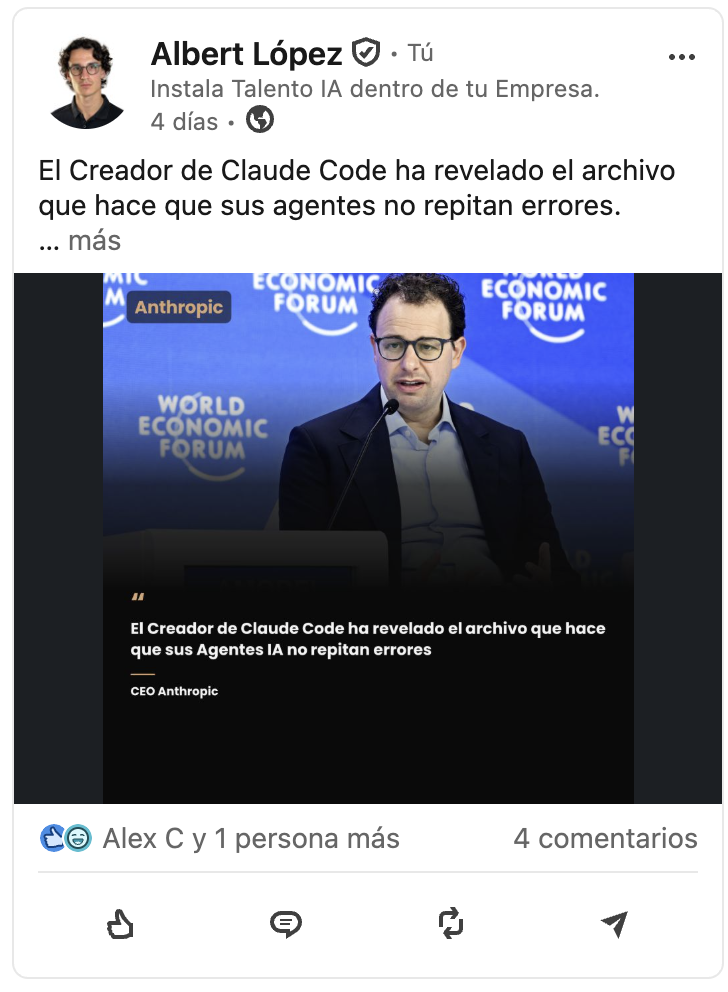 Post de LinkedIn: El creador de Claude Code ha revelado el archivo que hace que sus agentes no repitan errores